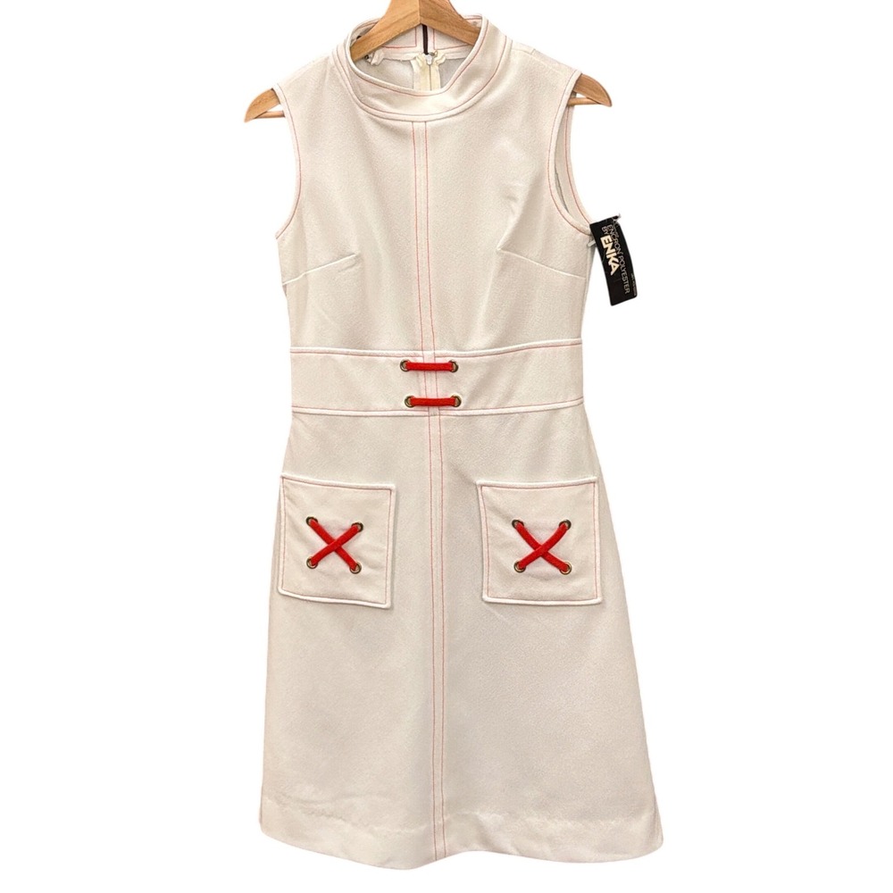 Vintage Dana Hall Dress Mod Retro Space Age White Red Stitching Sleeveless NWT